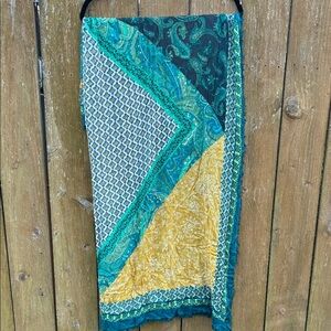 Tarnish  large square viscose scarf or coverup-  beautiful blues, greens, golds